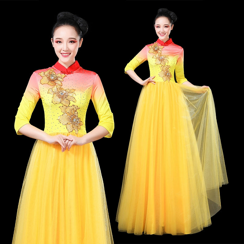 Chinese Folk Dance Costume Modern stage chorus dress long skirt chorus dress folk music performance dress long sleeve dress skirt