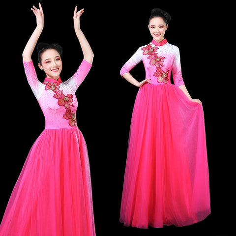 Chinese Folk Dance Costume Modern stage chorus dress long skirt chorus dress folk music performance dress long sleeve dress skirt