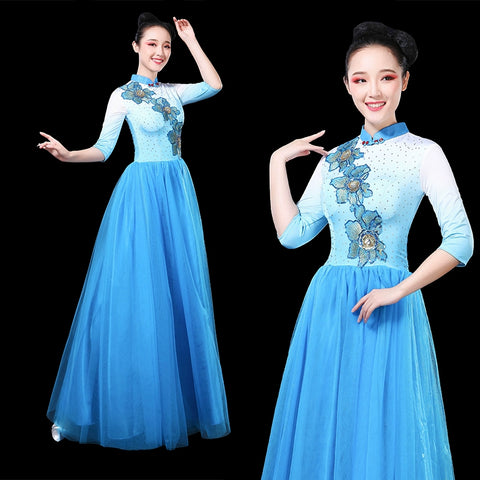 Chinese Folk Dance Costume Modern stage chorus dress long skirt chorus dress folk music performance dress long sleeve dress skirt