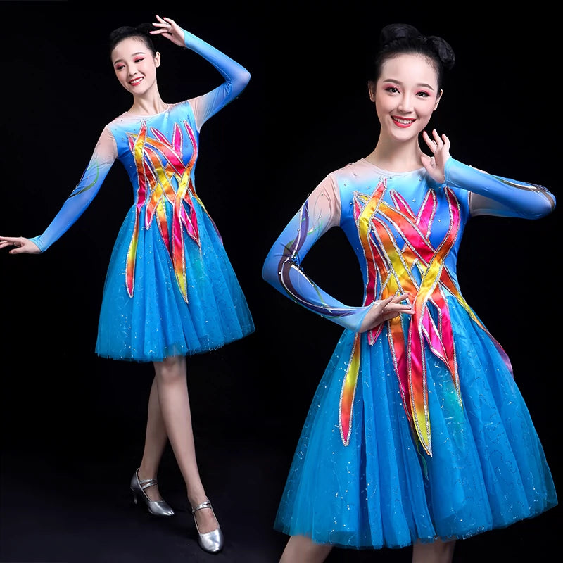 Chinese Folk Dance Costume Opening Song and Dance Short Skirt Performance Clothes for Adult Women Modern Dance Peng Yarn Skirt Atmospheric Square Dance Clothing