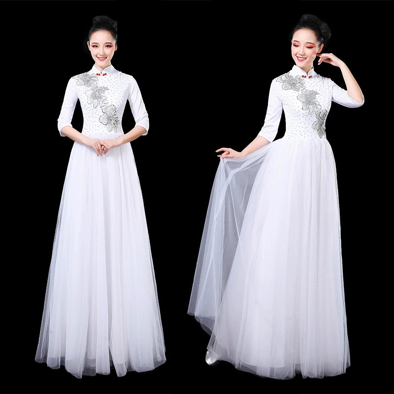 Chinese Folk Dance Costume Modern stage chorus dress long skirt chorus dress folk music performance dress long sleeve dress skirt