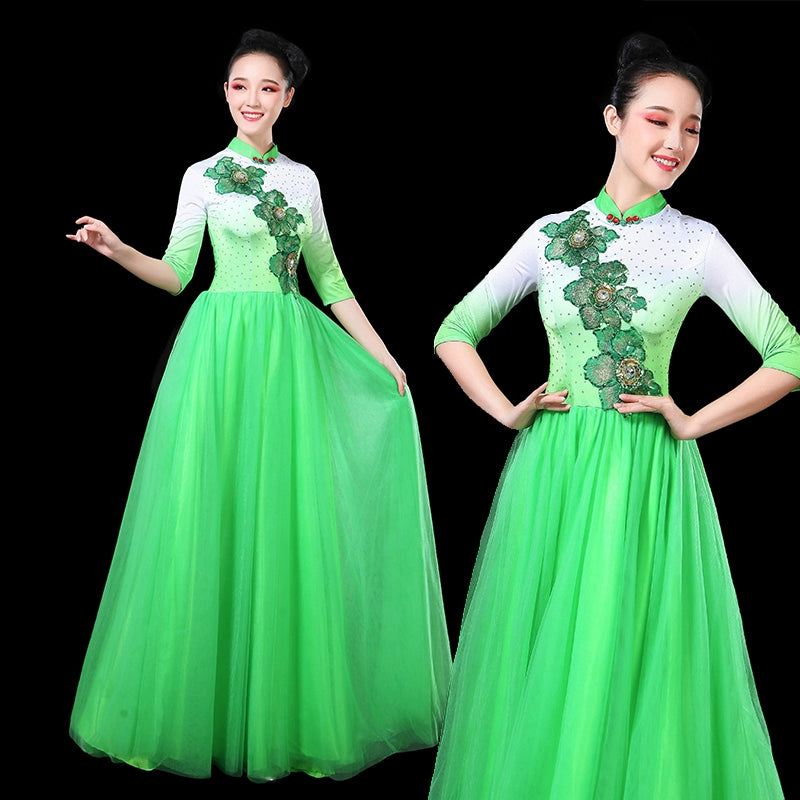 Chinese Folk Dance Costume Modern stage chorus dress long skirt chorus dress folk music performance dress long sleeve dress skirt - Moderndancedress.com