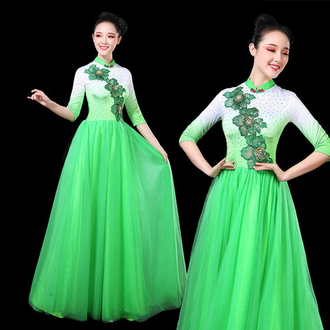 Chinese Folk Dance Costume Modern stage chorus dress long skirt chorus dress folk music performance dress long sleeve dress skirt - Moderndancedress.com