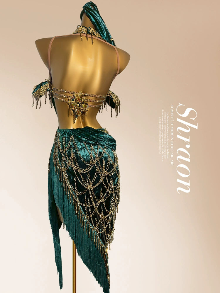 Custom Size Gold Latin Dance Dress Suspender Velvet Adult Cha Cha Professional Dance Dresses