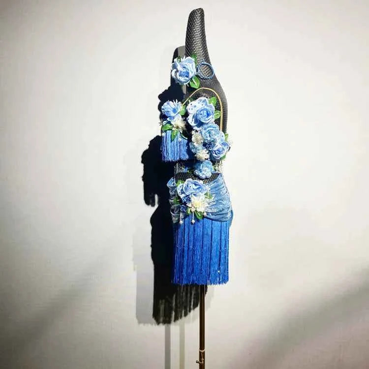 Custom 3D Flower Royal Blue Latin Dress - Luxury Crystal Fringe Ballroom Dancewear