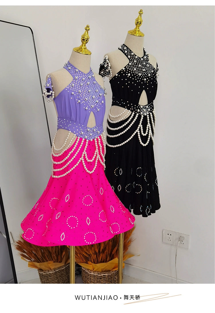 Girls Latin Dance Dresses for Kids Purple Black Pearls Diamond Salsa Rumba Chacha Performance Costumes