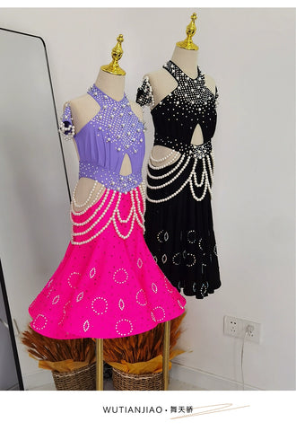 Girls Latin Dance Dresses for Kids Purple Black Pearls Diamond Salsa Rumba Chacha Performance Costumes