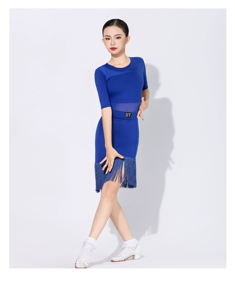 Royal Blue Fringe Latin Dance Dresses for Girls Kids Children Professional Ballroom Salsa Rumba Chacha Performance Outfits - Moderndancedress.com