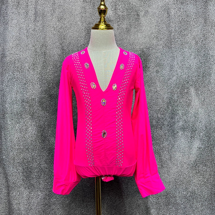 Custom size Boys hot pink competition ballroom Latin dance shirts modern stage performance latin ballroom dancing tops for kids - Moderndancedress.com
