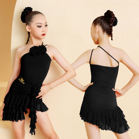 Girls kids red black ballroom Latin dance dresses for children ruffles slanted shoulder latin dance  outfits competition training clothes - Moderndancedress.com