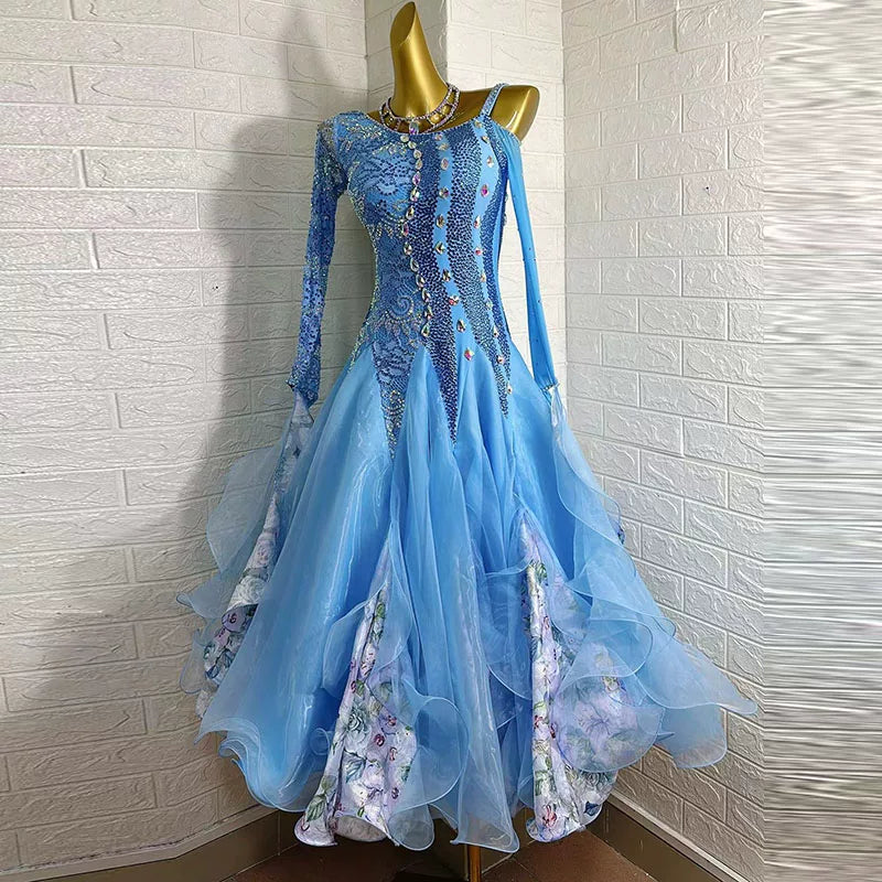 Custom Made Light Blue Lace Ballroom Gown with Crystals Waltz Foxtrot Dance Long Gown