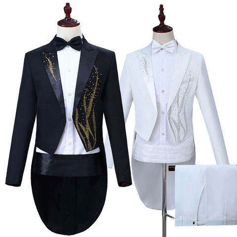Men's Jazz Dance Costumes Men Performing Dresses Hot Drill Swallowtail Dresses Black and White Magician Bel Canto Singer Conductor Dresses Wedding Suit Colored Drill