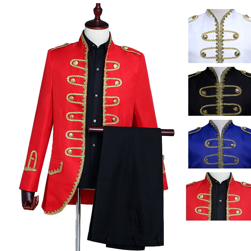 blue black white suit male dancer singer dress performance show nightclub Blazer Outdoors Slim wear groom prom(jacket+pants) - Moderndancedress.com