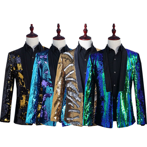 Men's Jazz Dance Costumes Men two-color sequins suit stage costume suit nightclub bar DJ singer host fashion jacket