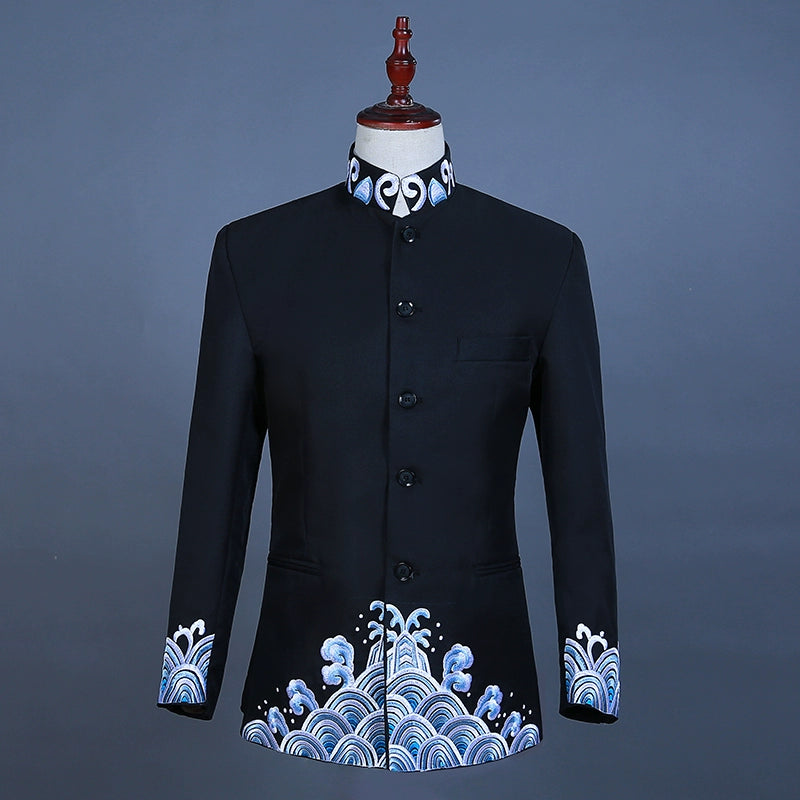 Men's Jazz Dance Costumes Embroidery Spray Zhongshan Suit Groom Chinese Wedding Dress - Moderndancedress.com