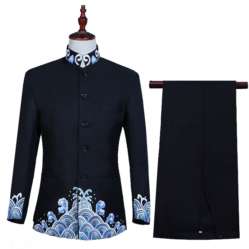 Men's Jazz Dance Costumes Embroidery Spray Zhongshan Suit Groom Chinese Wedding Dress - Moderndancedress.com