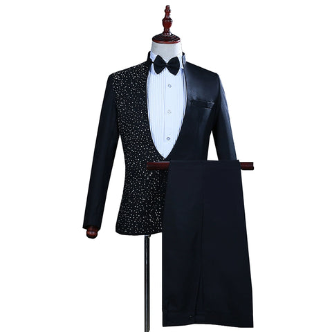 Men's Jazz Dance Costumes Man's collar and diamond jacket, presenter's dress, long sleeve suit, stage singer's suit, black and white dress