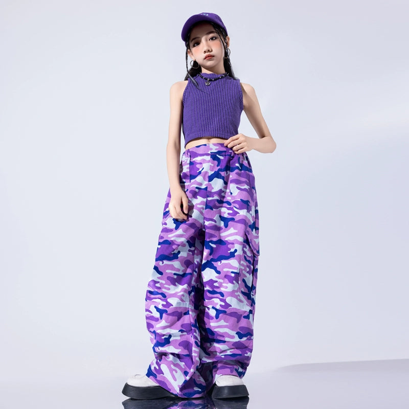 Girls Purple Camo One Shoulder Jazz Dance Costume Street Hip Hop Performance Outfits for Kids Children Gogo Dancers Stage Dance Outfits - Moderndancedress.com