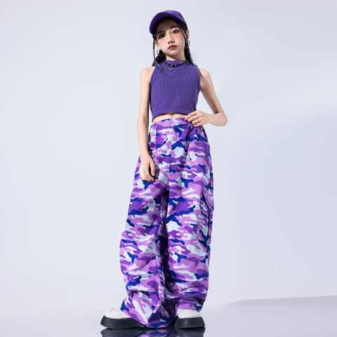 Girls Purple Camo One Shoulder Jazz Dance Costume Street Hip Hop Performance Outfits for Kids Children Gogo Dancers Stage Dance Outfits - Moderndancedress.com