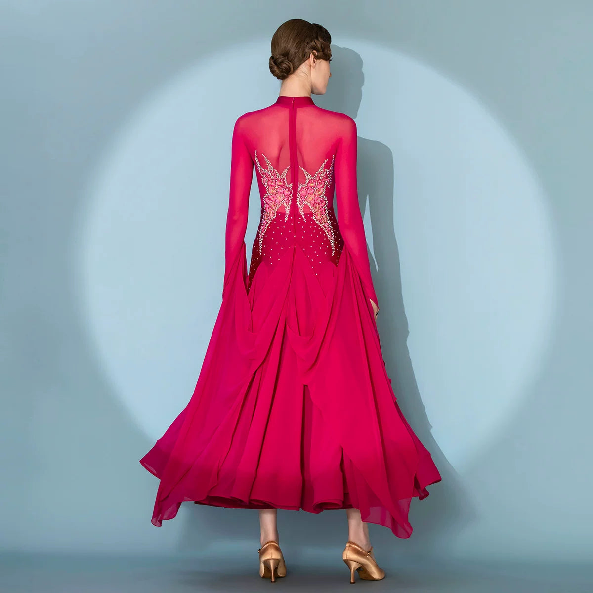 Women Girls Fuchsia Ballroom Dance Dress with Plum Blossom Embroidery & Rhinestones