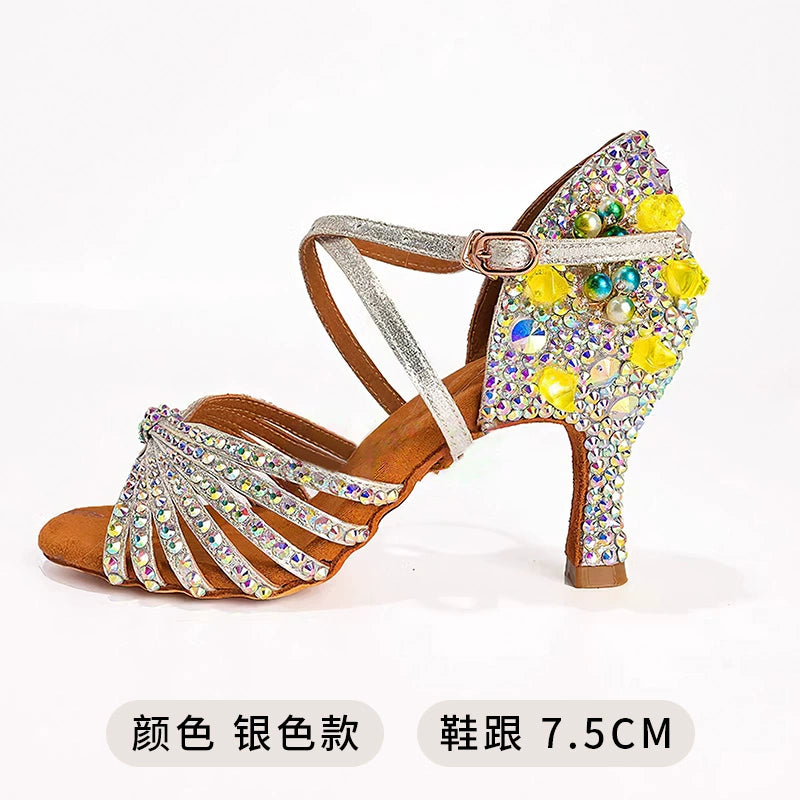 Yellow Gemstones Competition Latin Dance Shoes for Women Girls Kids High Heel Children Salsa Rumba Chacha Tango Latin Dance Shoes Soft Soles - Moderndancedress.com