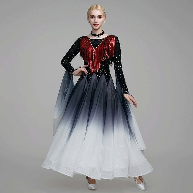 Gradient Red White Competition Ballroom Dance Dresses for Women Girls Waltz Tango Squin Fringe Modern Dance Skirt Party Dancing Gown - Moderndancedress.com