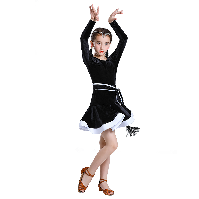 Children's Latin dance dress girl's gold velvet long sleeve split Latin suit training suit competition performance suit - Moderndancedress.com