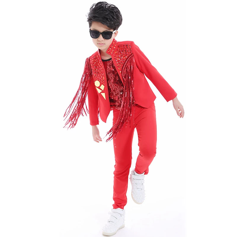 Boys Red Rhinestones Jazz Dance Costume Singer Host Drummer Performance Gogo Dancers Music Production Outfits Stage Dancewear - Moderndancedress.com
