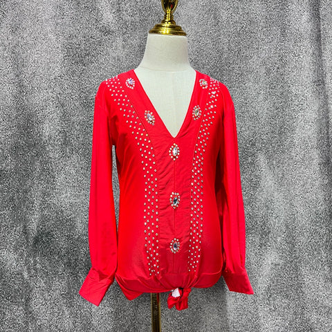 Red Rhinestones Latin Dance Shirts for Boys Kids Salsa Ballroom Waltz Latin Stage Performance Body Tops Long Sleeves - Moderndancedress.com