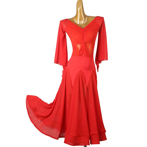 Red Ballroom Dance Dresses for Women Girls Modern Flare Sleeves Waltz Tango Foxtrot Smooth Dance Long Gown Flamenco Dancing Clothes - Moderndancedress.com