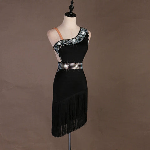 Black violet diamond-inlaid Latin dance dress competition professional sexy fringed latin rumba chacha dance dress can be customized - Moderndancedress.com