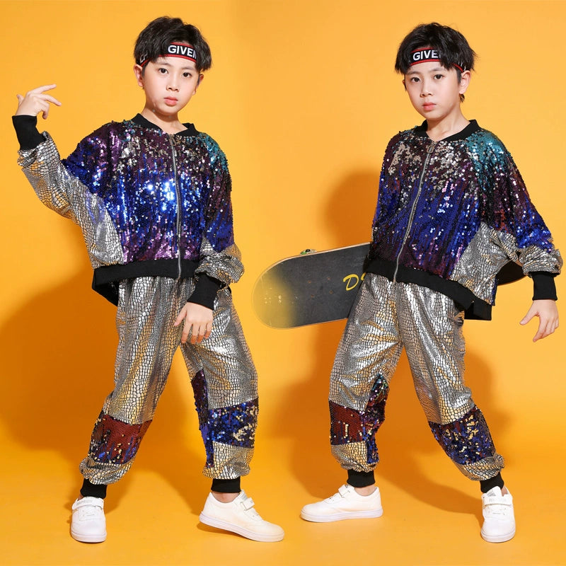 Children's Hip Hop jazz street costumes for girls Boys gogo dancers rapper singers Sequins Drum performance outfits for kids - Moderndancedress.com
