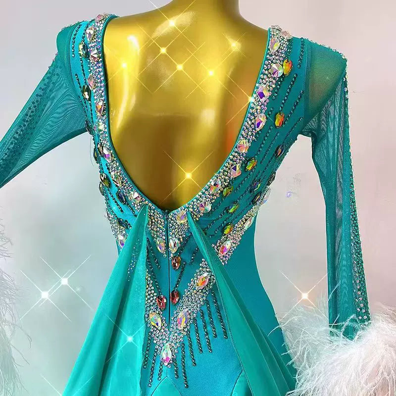 Customized Turquoise Competition Ballroom Dress Waltz Tango Smooth Gown