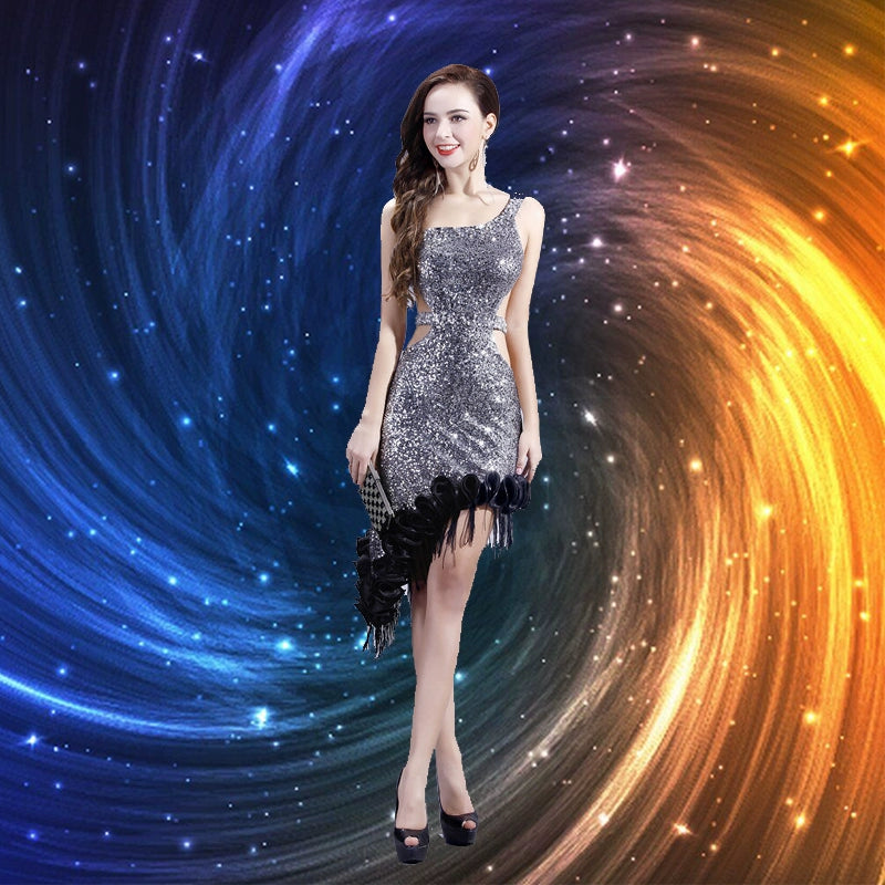 High-end Latin tassels dress with irregular diagonal nail beads on one shoulder and bare back - Moderndancedress.com