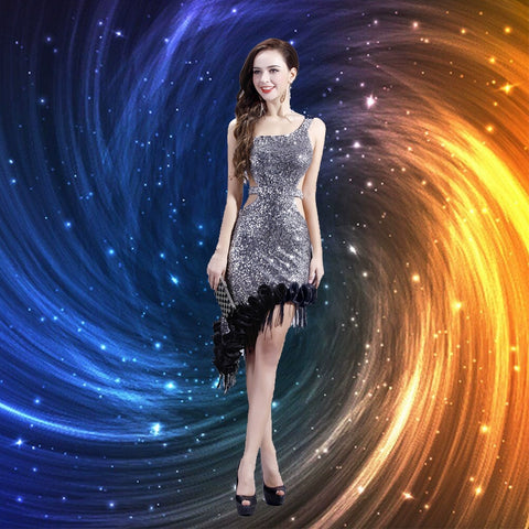 High-end Latin tassels dress with irregular diagonal nail beads on one shoulder and bare back - Moderndancedress.com