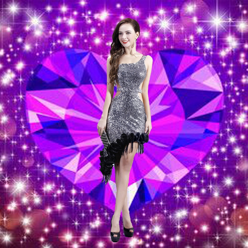 High-end Latin tassels dress with irregular diagonal nail beads on one shoulder and bare back - Moderndancedress.com