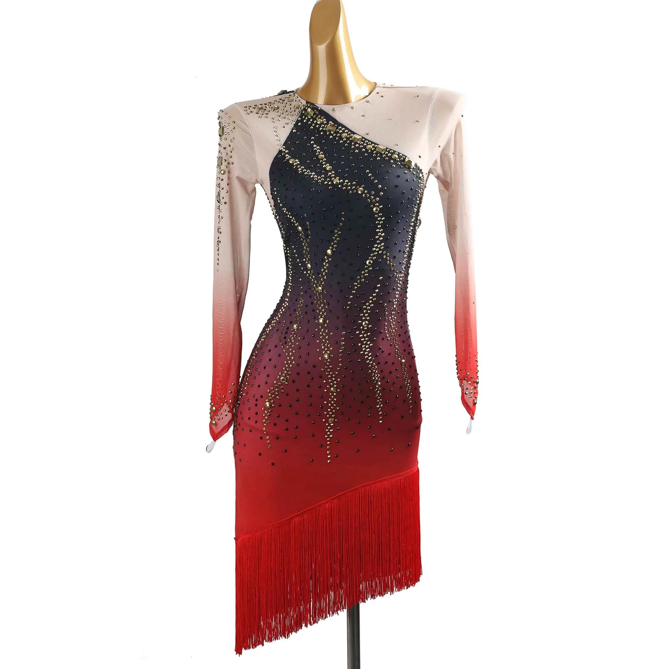 Black with Red Gold Rhinestones Latin Dance Dress for Women Girls Salsa Chacha Dancing Costume