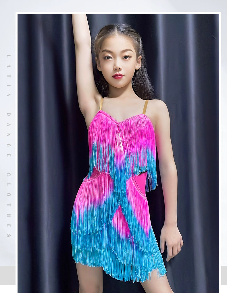 Blue pink competition fringe Latin dance dresses for girls kids gradient tassel suspender ballroom salsa latin performance clothes - Moderndancedress.com