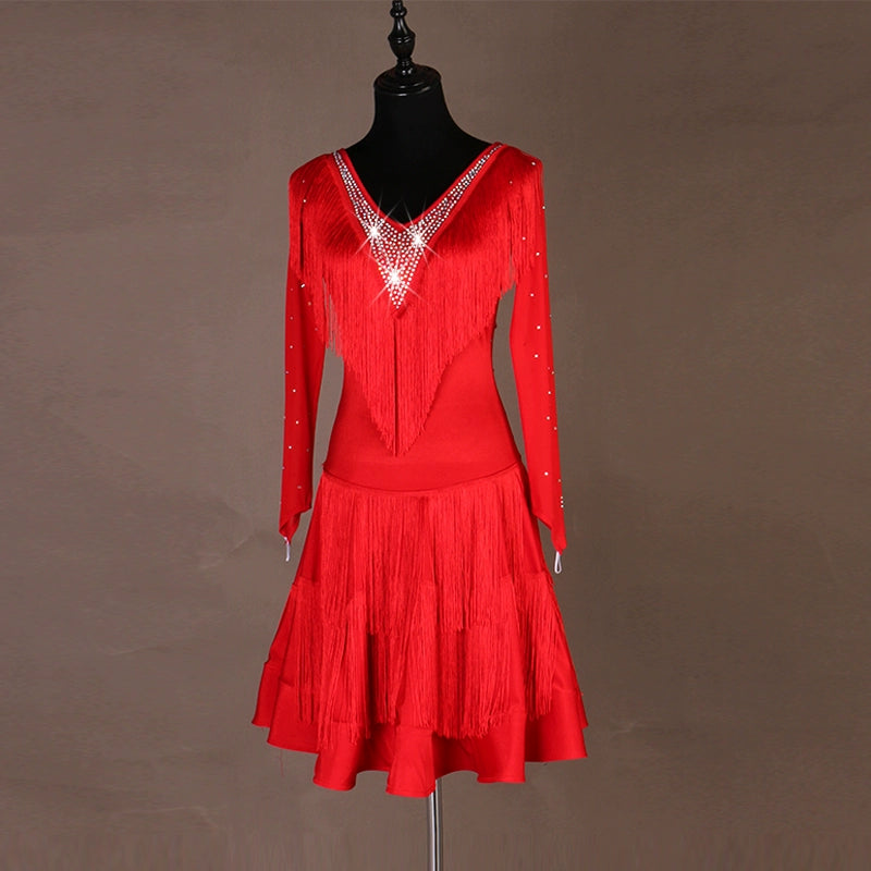 Sexy V-collar! Adult professional Latin fringe dress triple step on jitterba group Costume - Moderndancedress.com