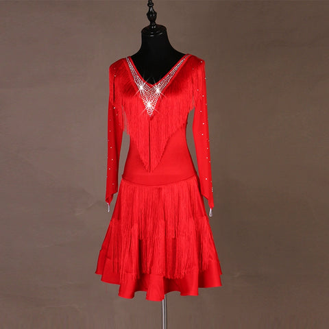 Sexy V-collar! Adult professional Latin fringe dress triple step on jitterba group Costume - Moderndancedress.com