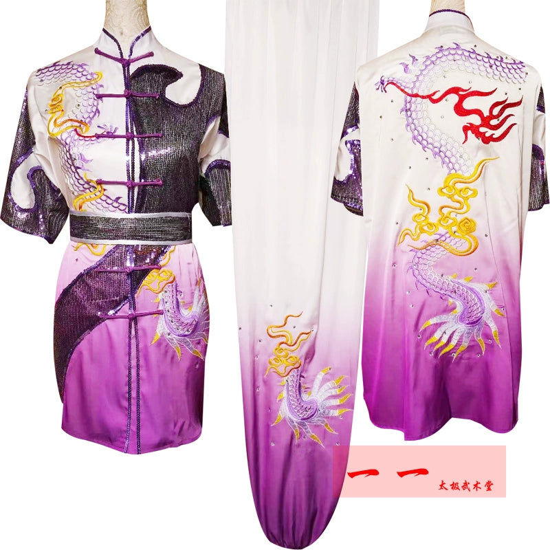 Martial Arts Clothes  Kungfu clothes Short sleeve purple martial arts clothes embroidered dragon martial arts performance clothes