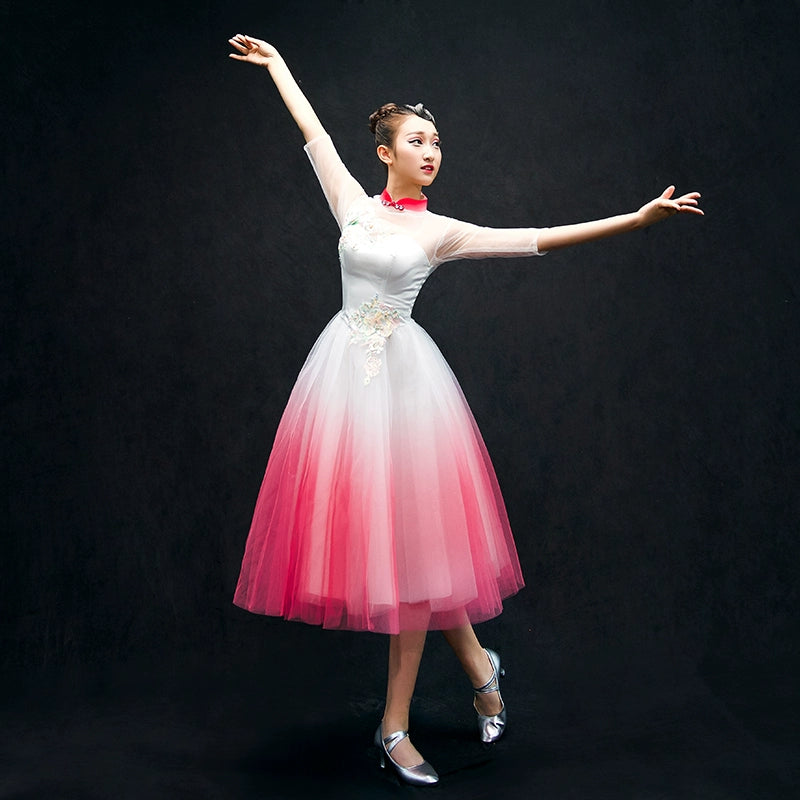 Chinese Folk Dance Costumes Opening Dance Dress chorus costume long skirt adult woman in Classical Dance Costume - Moderndancedress.com