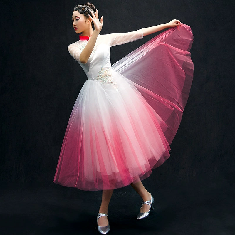 Chinese Folk Dance Costumes Opening Dance Dress chorus costume long skirt adult woman in Classical Dance Costume - Moderndancedress.com
