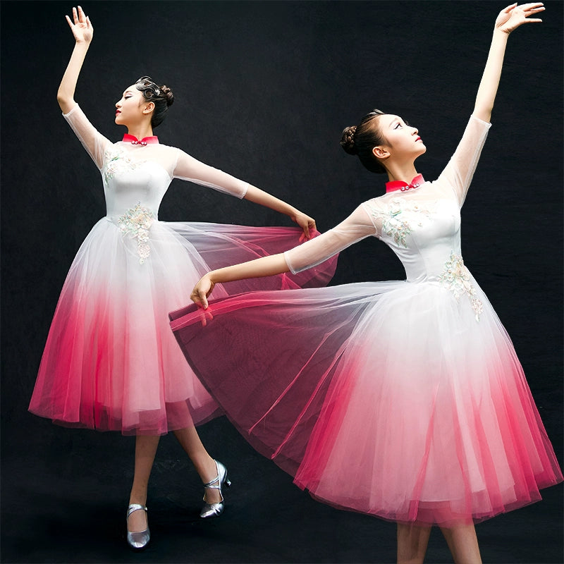 Chinese Folk Dance Costumes Opening Dance Dress chorus costume long skirt adult woman in Classical Dance Costume - Moderndancedress.com