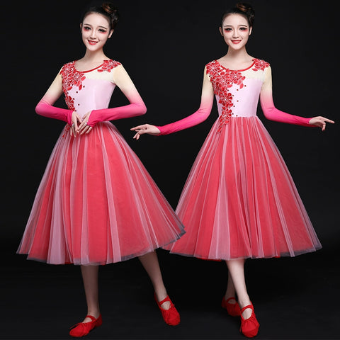 Chinese Folk Dance Costumes Modern long skirt classical dance costume opening dance dress performance dress chorus adult women