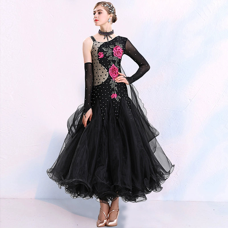 One Shoulder Black Ballroom Dance Dresses for Women Girls Rose Flowers Adult Female National Standard Social Dance Waltz Tango Performance Gown - Moderndancedress.com
