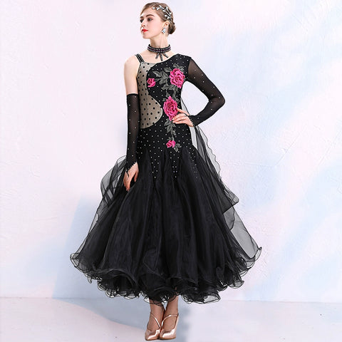 One Shoulder Black Ballroom Dance Dresses for Women Girls Rose Flowers Adult Female National Standard Social Dance Waltz Tango Performance Gown - Moderndancedress.com