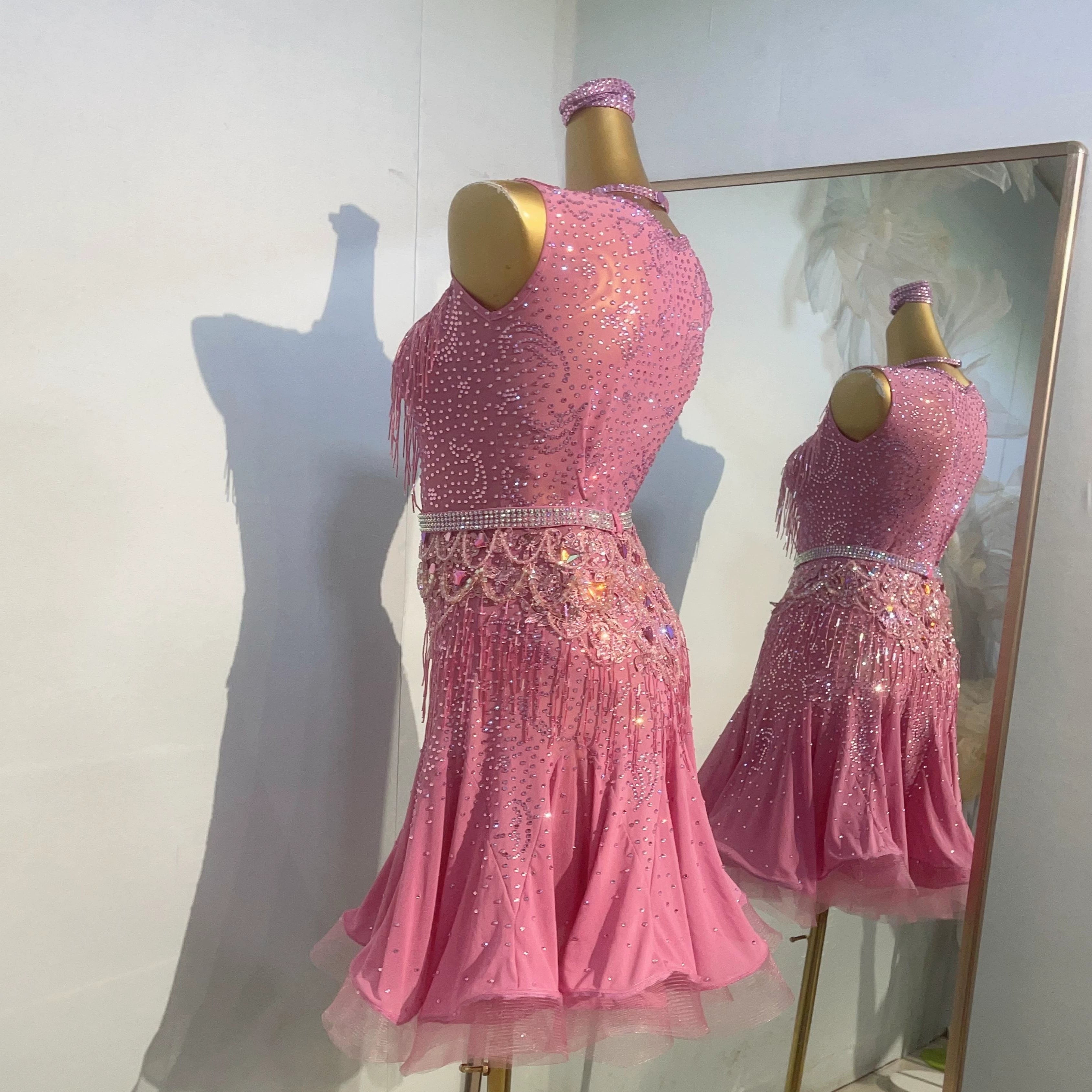 Custom Size Pink Bling Fringe Competition Latin Dance Dresses for Women Girls Salsa Rumba Chacha Professional Dance Clothes - Moderndancedress.com