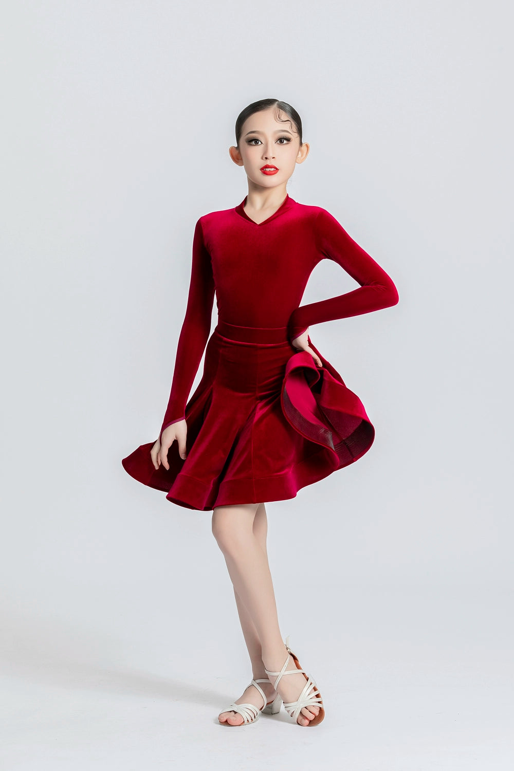 Wine Blue Yellow Latin Dance Competition Dresses for Children Girls Ballroom Salsa Chacha velvet Dance Clothes Party Performance Ball Gown - Moderndancedress.com