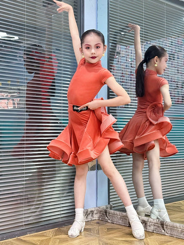 Children girls Latin dance dresses pink purple short-sleeved  ultra-thin velvet test competition ballroom latin salsa performance clothing - Moderndancedress.com